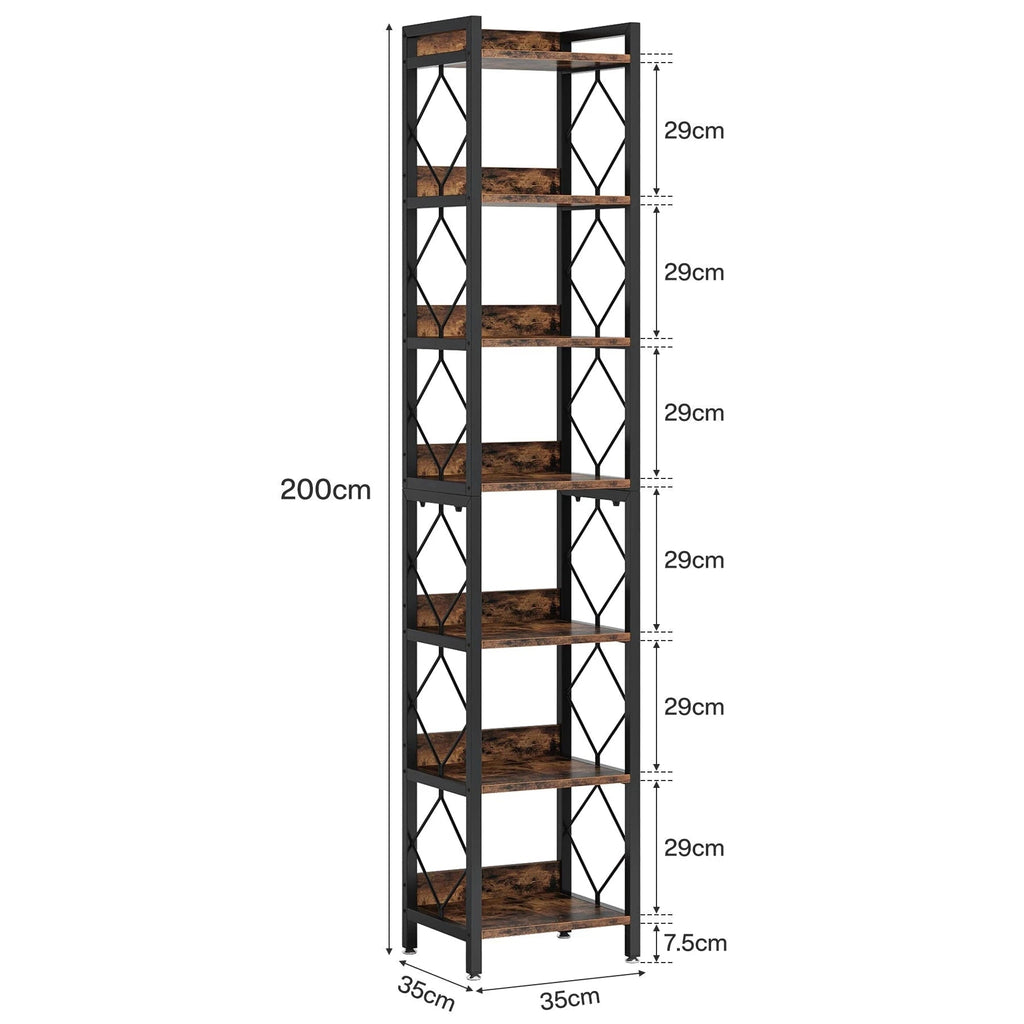 200cm Slim 7-Tier Industrial  Bookshelf - Rustic Wood & Black Metal Display Tower.