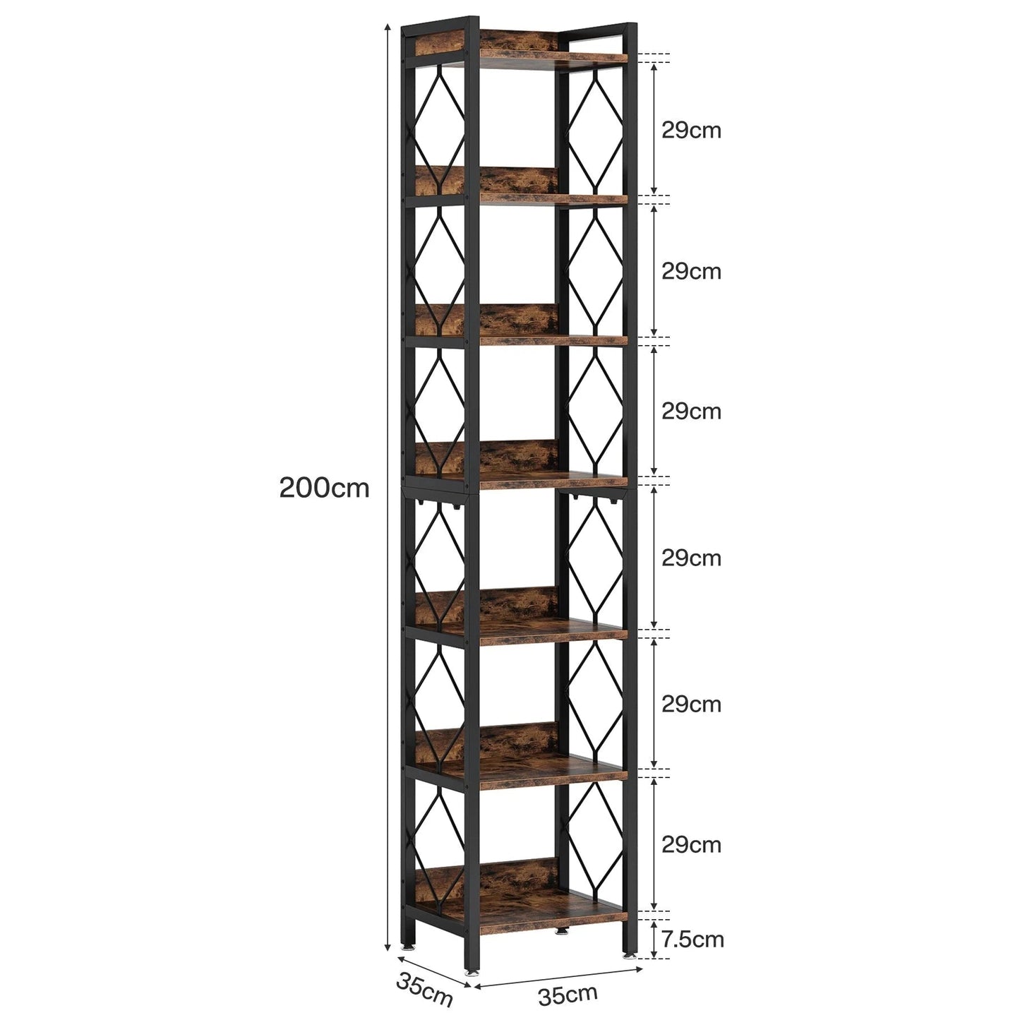 200cm Slim 7-Tier Industrial  Bookshelf - Rustic Wood & Black Metal Display Tower.