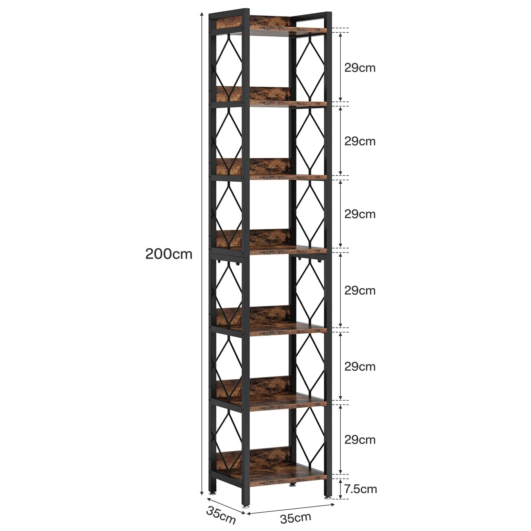 200cm Slim 7-Tier Industrial  Bookshelf - Rustic Wood & Black Metal Display Tower.