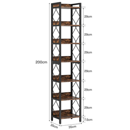 200cm Slim 7-Tier Industrial  Bookshelf - Rustic Wood & Black Metal Display Tower.