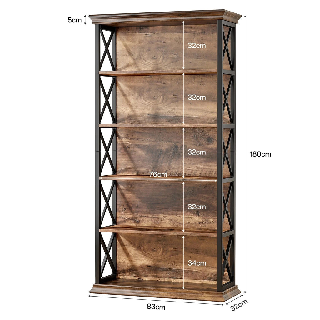 180cm 5-Tier Rustic Industrial  Bookcase - Large Open Shelf Display & Storage