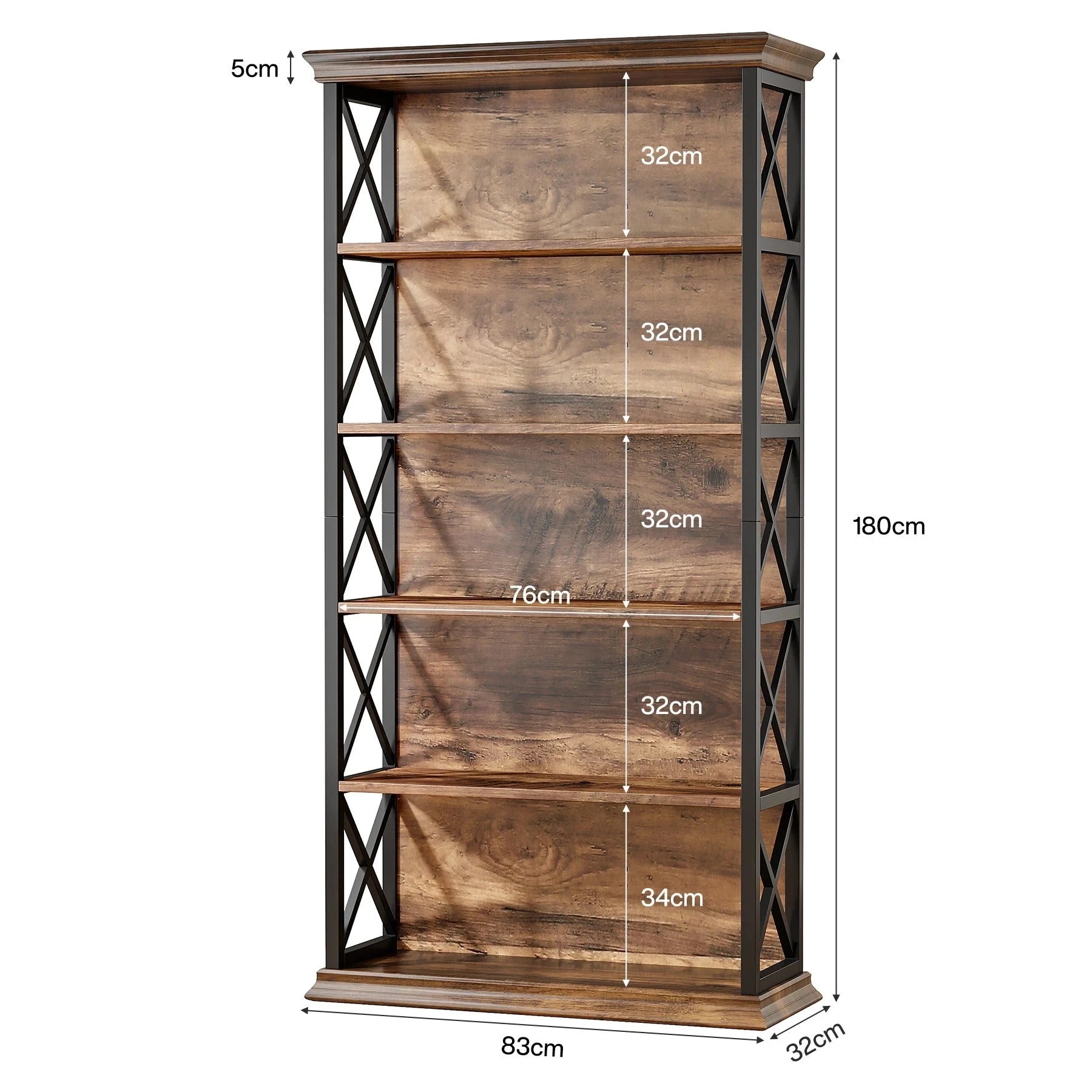 180cm 5-Tier Rustic Industrial  Bookcase - Large Open Shelf Display & Storage