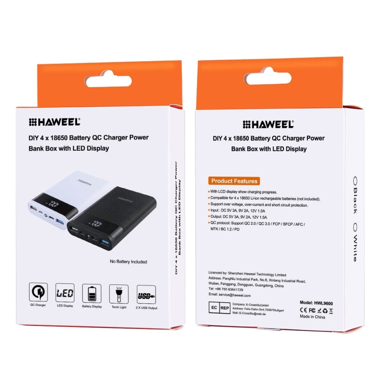 HAWEEL 4x18650 DIY 12000mAh Power Bank Shell with Dual USB & Display (Black)