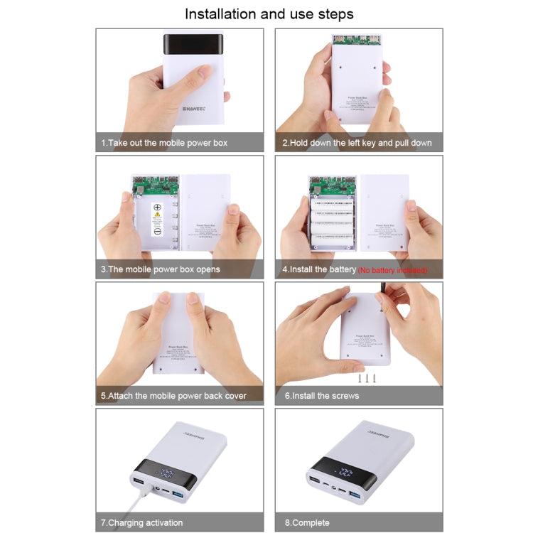 HAWEEL DIY 12000mAh 4x 18650 Battery Power Bank Shell with Dual USB Output & QC Charger (White)