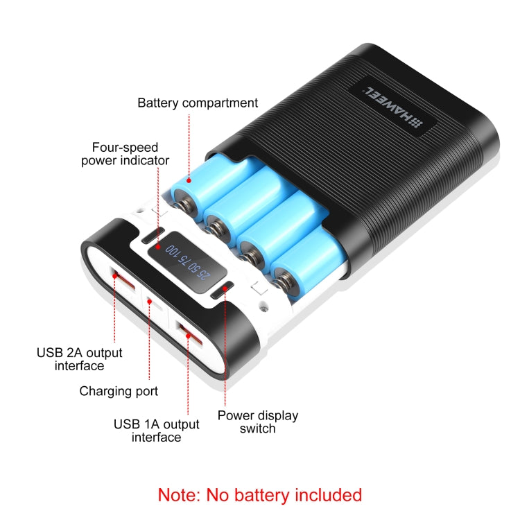 HAWEEL 4x18650 DIY 10000mAh Power Bank Shell with Dual USB & Display (Black)