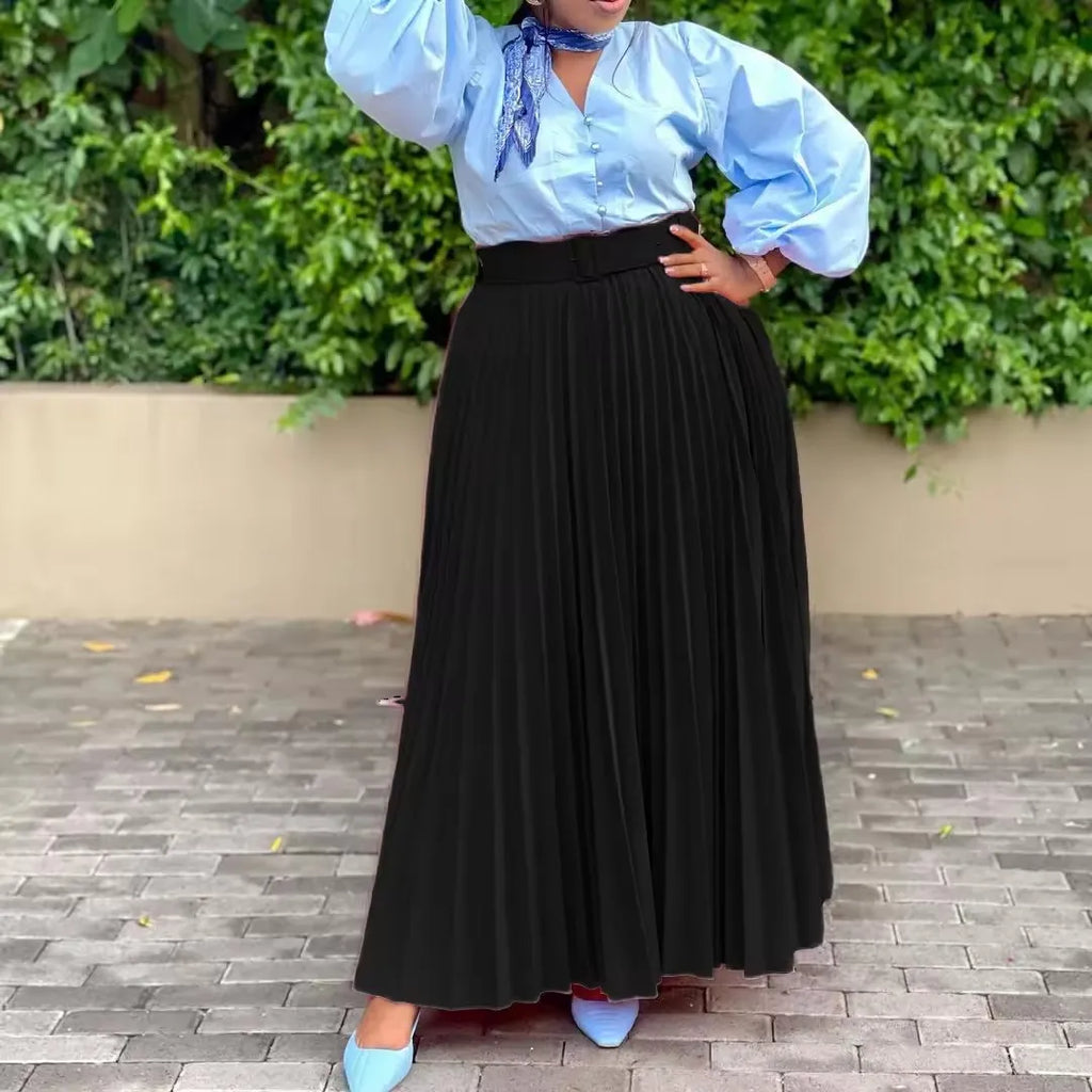 Pleated Midi Skirt with Belt - Elegant A-Line Skirt for Women
