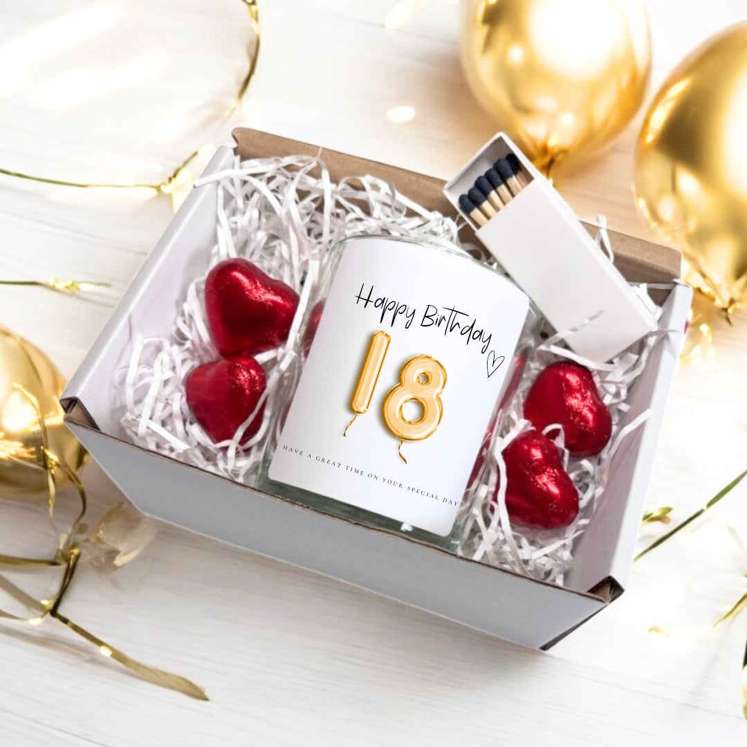 Personalised 18th Birthday Candle Gift Set – Gold Balloon | Friend, Daughter