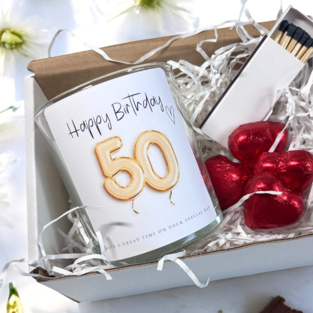 Personalised 50th Birthday Candle Gift Set – Gold Balloon | Friend, Mum