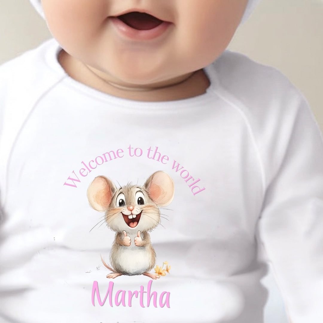 Personalised Pink Mouse Welcome Baby Grow, Vest or Bib with Name