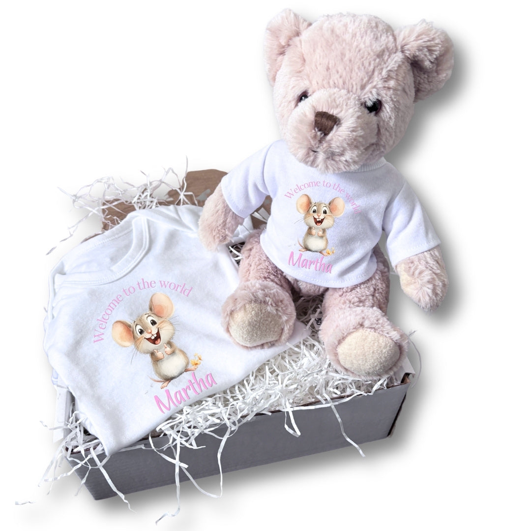 Personalised Pink Mouse Welcome to the World Baby Gift Hamper - Teddy & Vest
