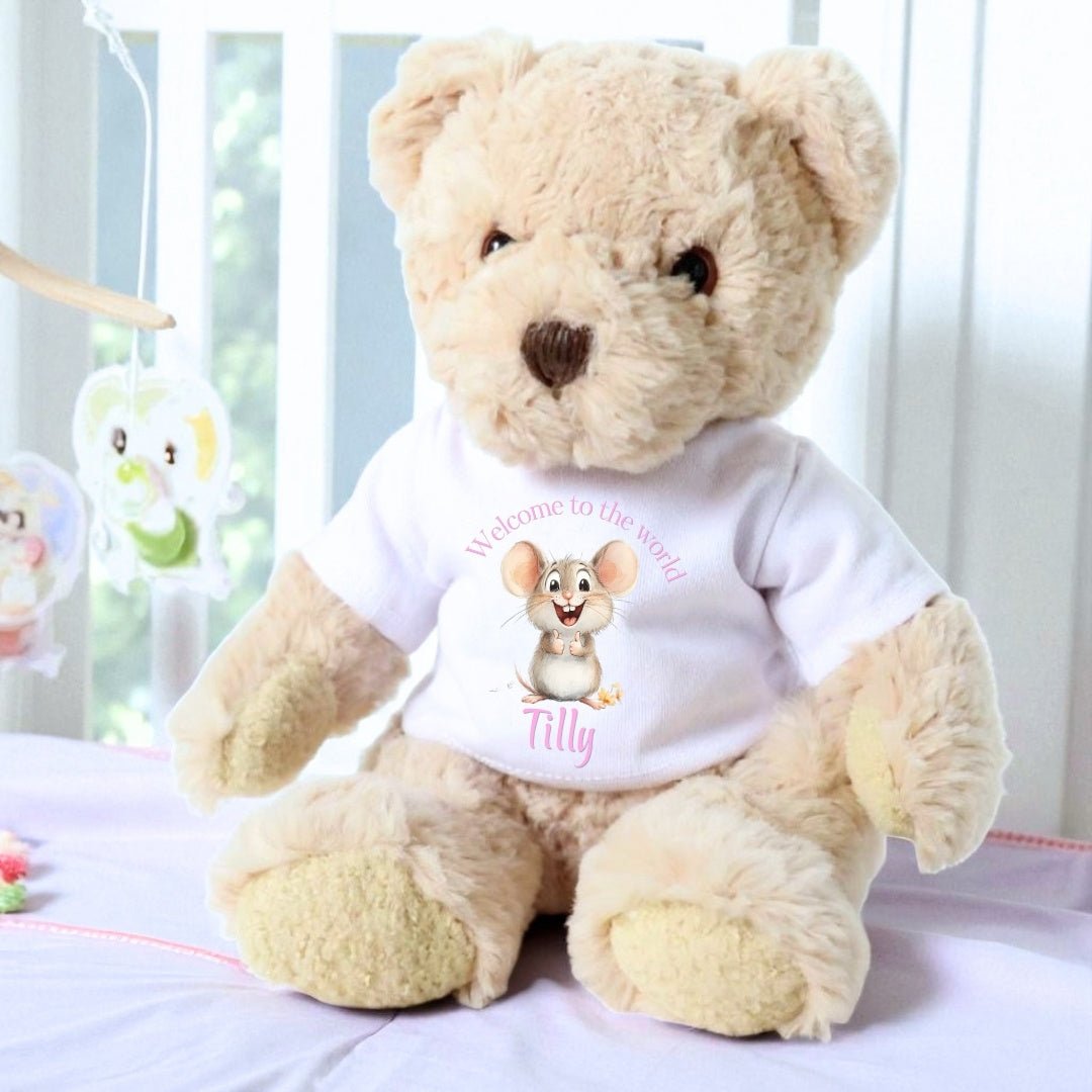 Personalised Luxury Teddy Bear with Pink Mouse Welcome to the World T-Shirt