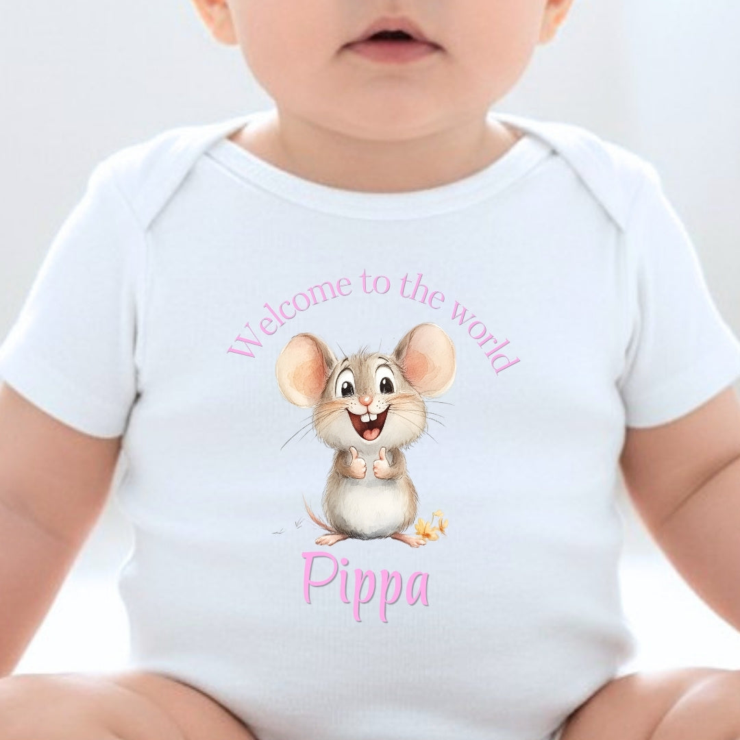 Personalised Pink Mouse Welcome to the World Baby Gift Hamper - Teddy & Vest
