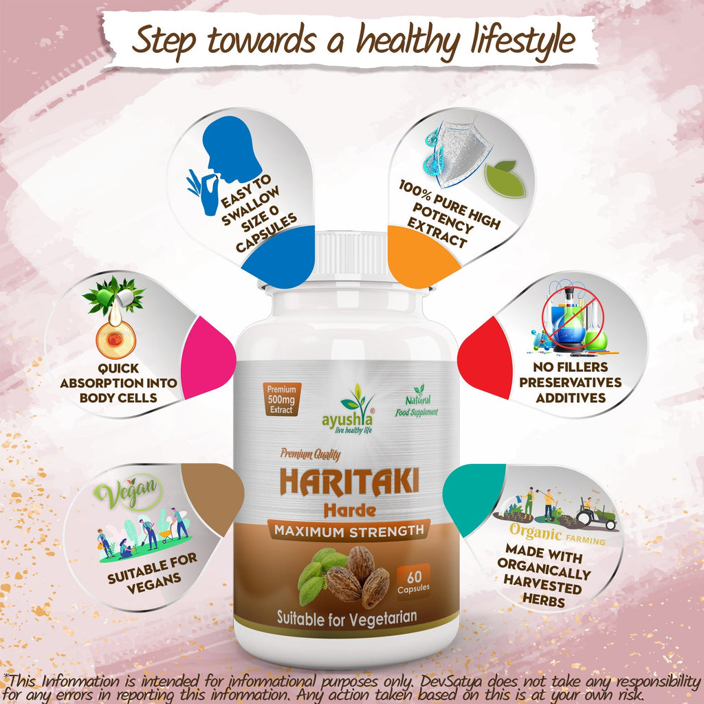 Ayushya Haritaki Capsules (Harde, Chebulic Myrobalan) Digestive Regularity Support - Vegan, Gluten Free, Non-GMO, 60 Capsules