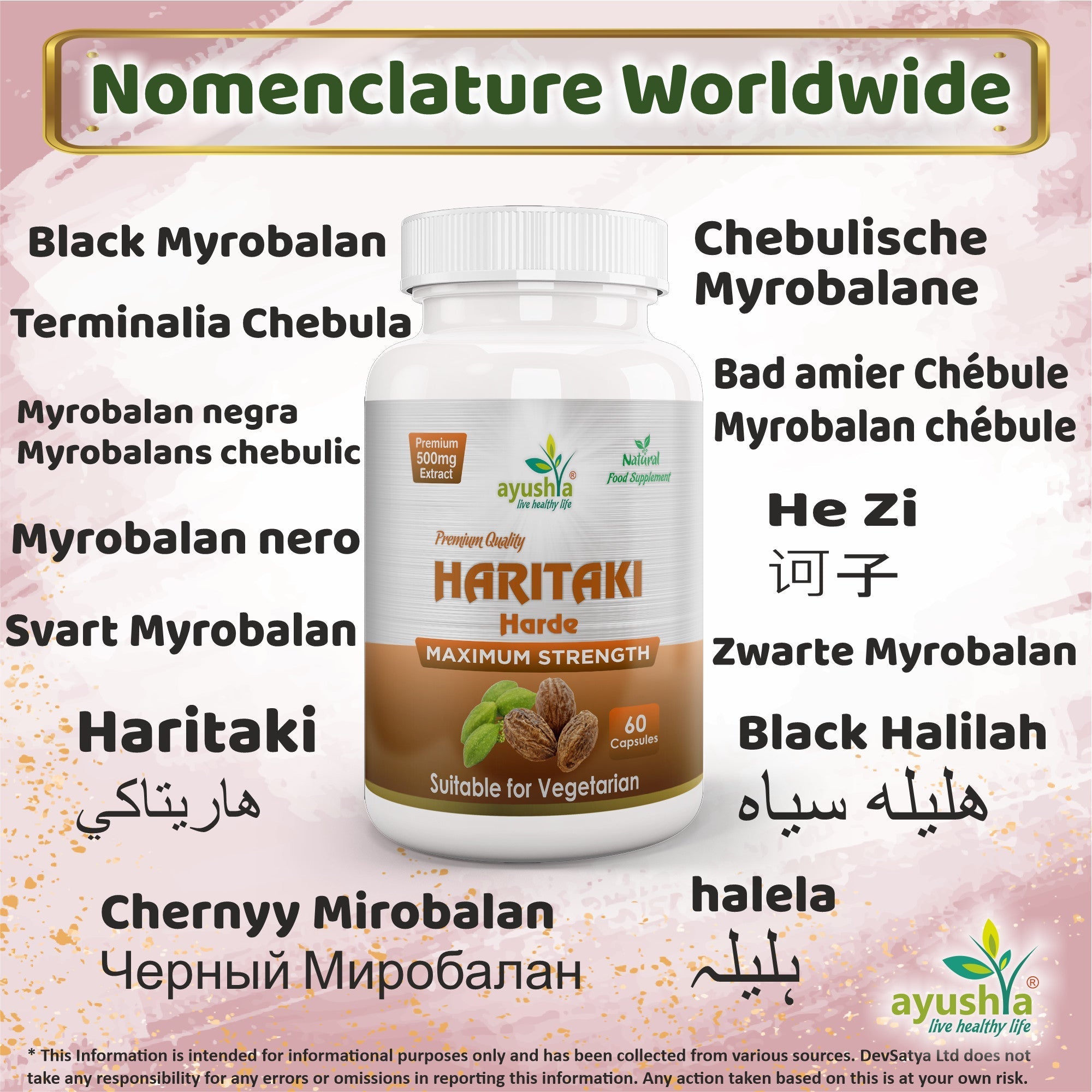 Ayushya Haritaki Capsules (Harde, Chebulic Myrobalan) Digestive Regularity Support - Vegan, Gluten Free, Non-GMO, 60 Capsules