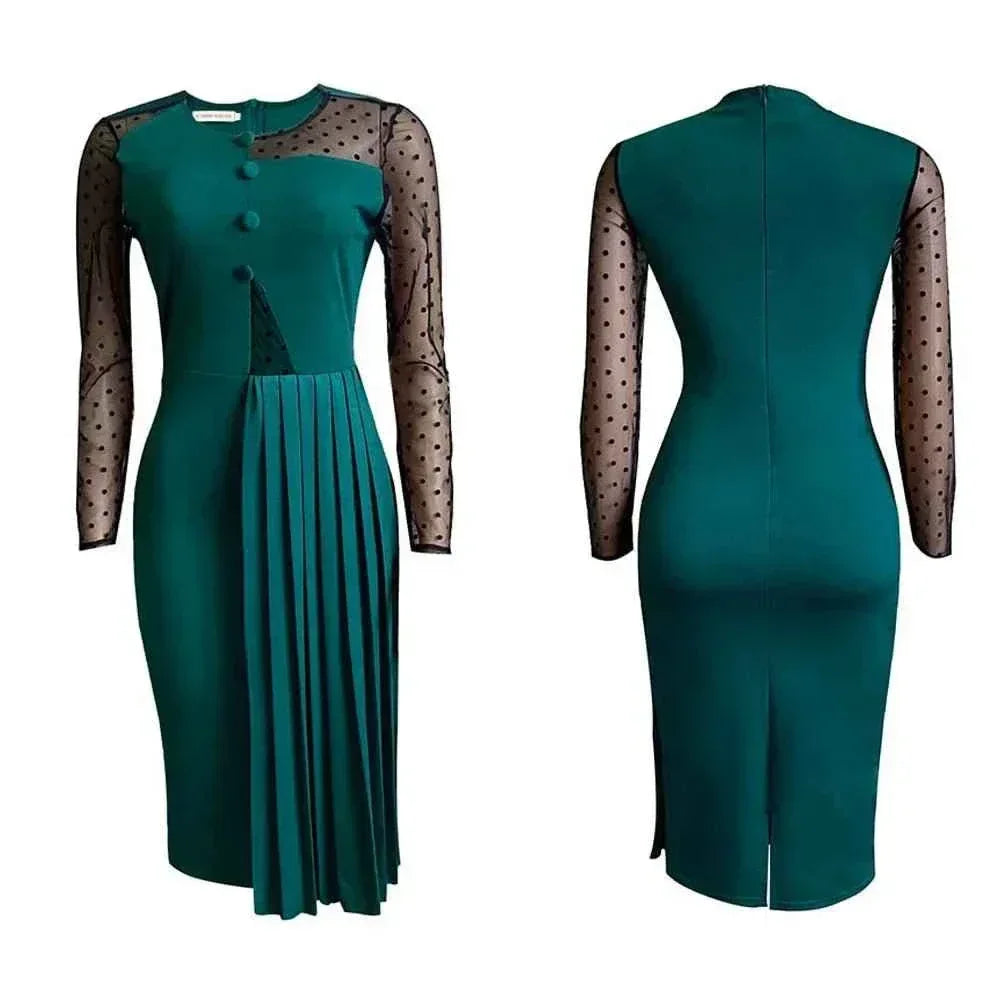 Fashion Mesh Splicing Slim Warp Hip Split Women Office Dress