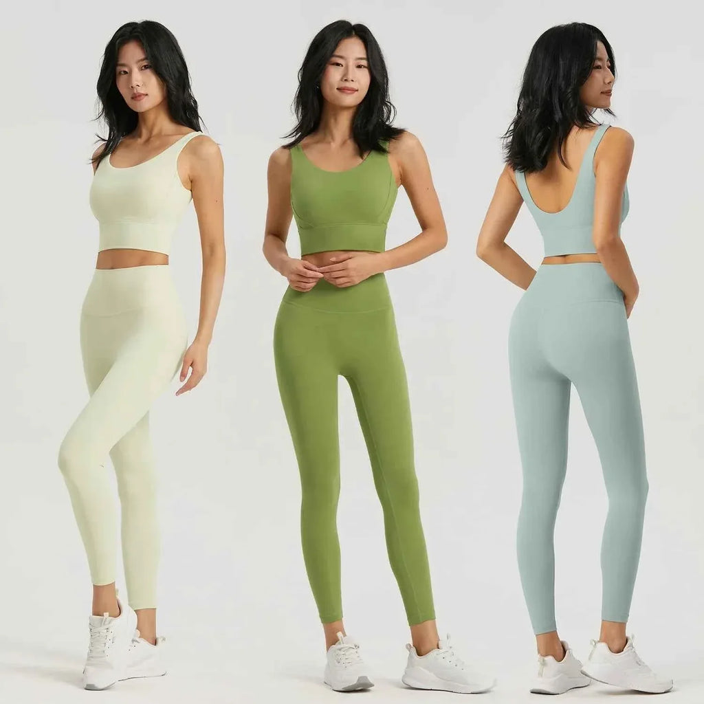 Gym Outfit High Waist Yoga Leggings for Women with Phone Pockets & U Back Sports Bra Set