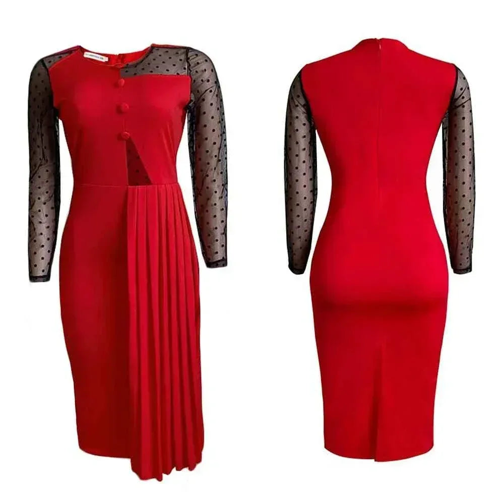 Fashion Mesh Splicing Slim Warp Hip Split Women Office Dress