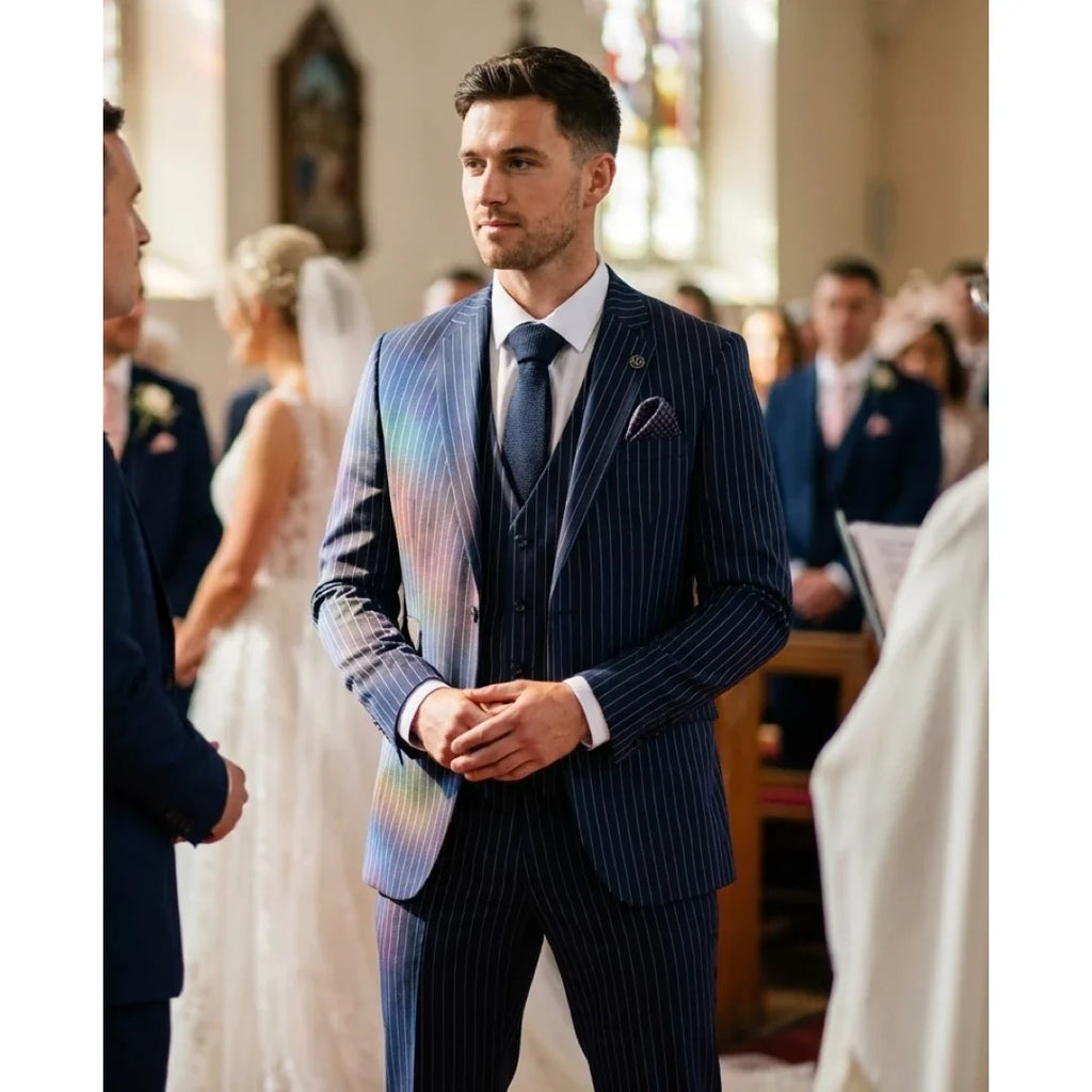 IM43 - Men's Classic Pinstripe 3 Piece Navy Blue Suit