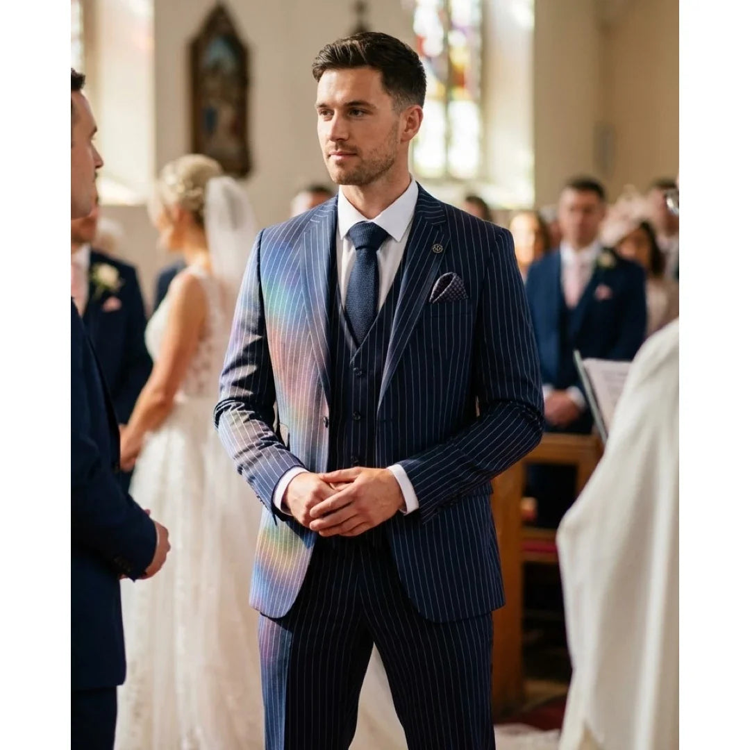 IM43 - Men's Classic Pinstripe 3 Piece Navy Blue Suit