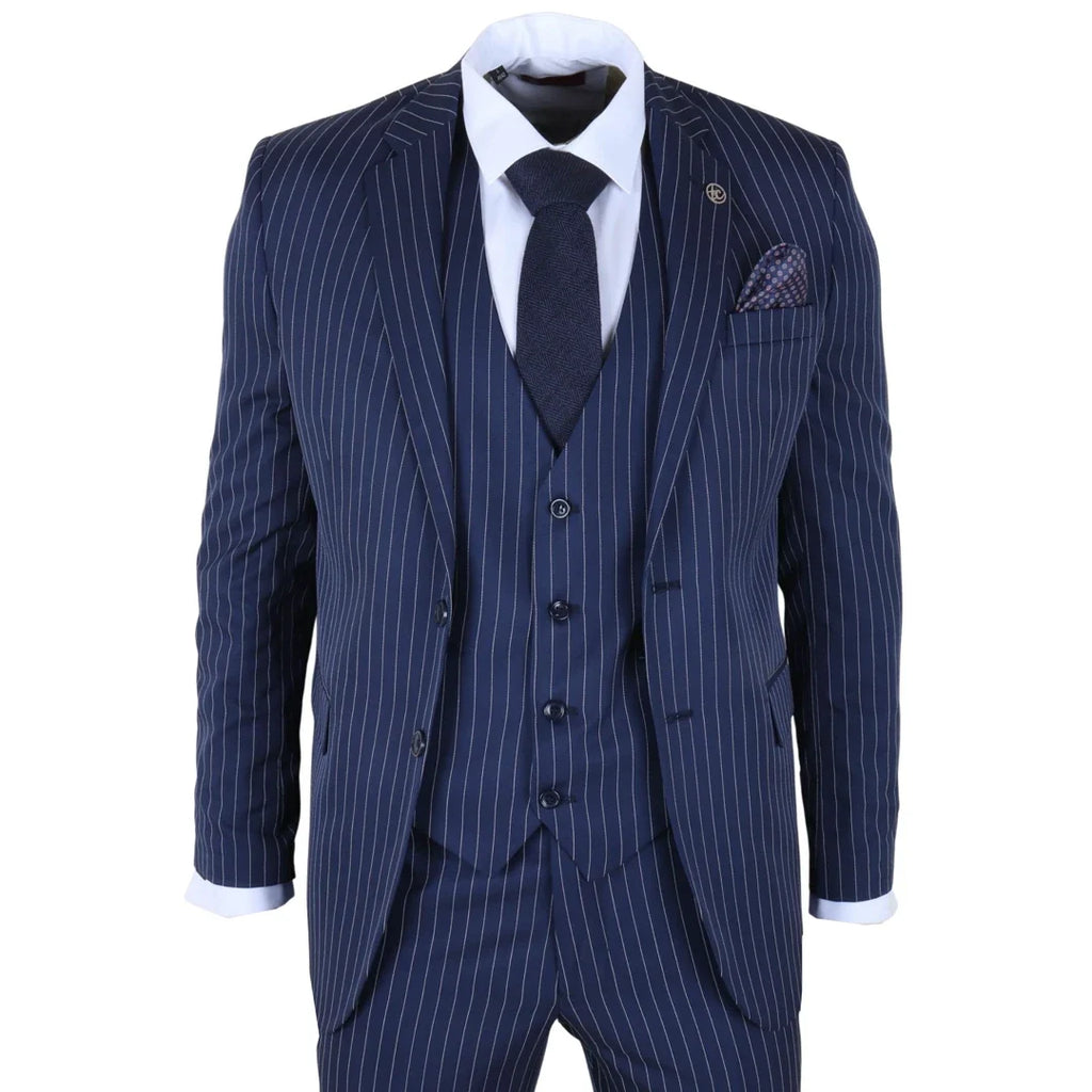 IM43 - Men's Classic Pinstripe 3 Piece Navy Blue Suit
