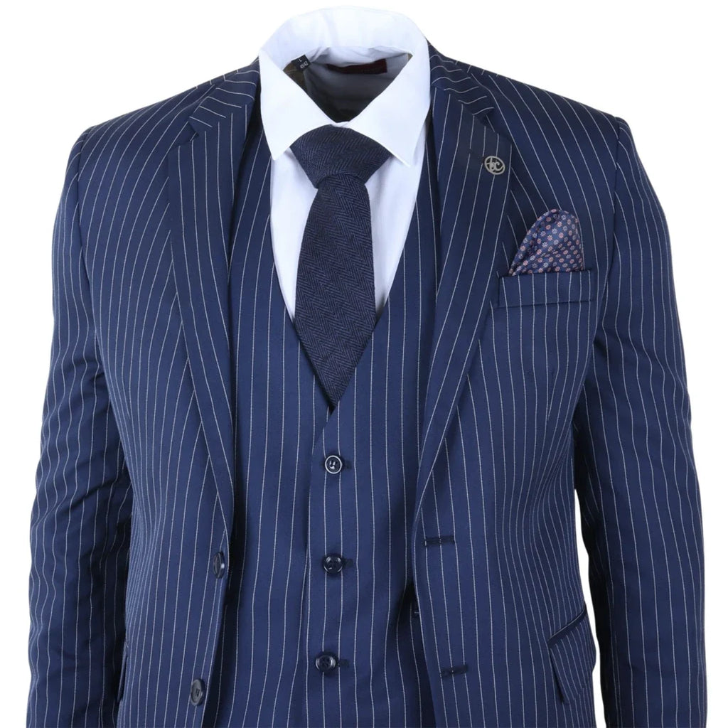 IM43 - Men's Classic Pinstripe 3 Piece Navy Blue Suit