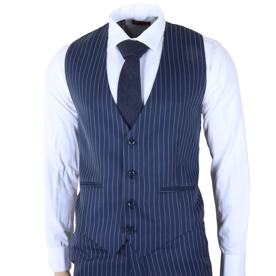 IM43 - Men's Classic Pinstripe 3 Piece Navy Blue Suit