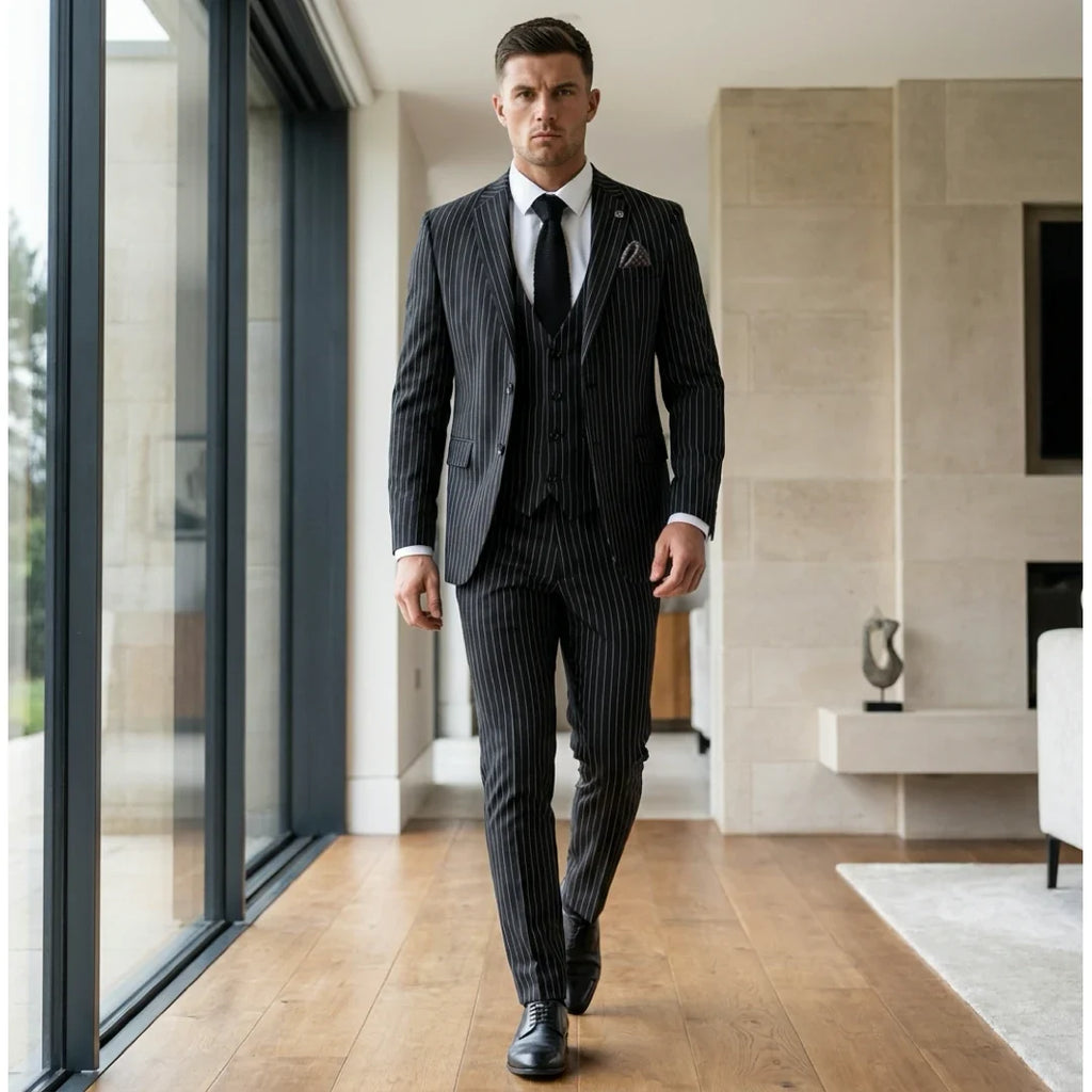 IM45 - Men's Classic Pinstripe 3 Piece Black Suit
