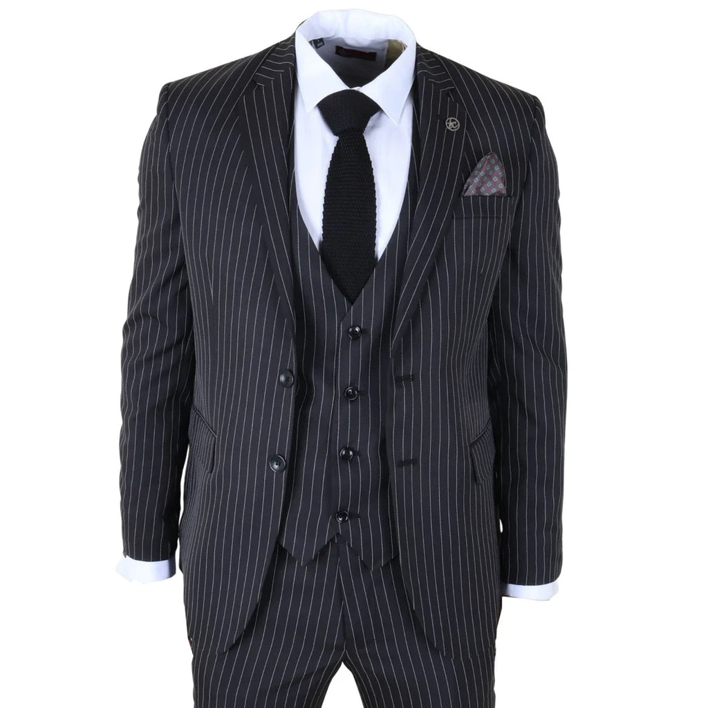 IM45 - Men's Classic Pinstripe 3 Piece Black Suit