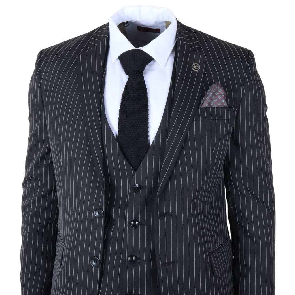 IM45 - Men's Classic Pinstripe 3 Piece Black Suit