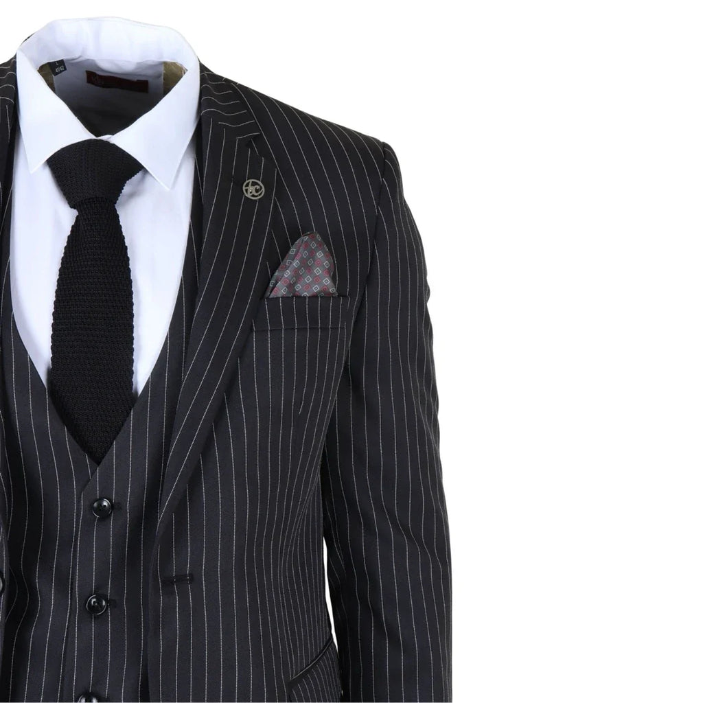 IM45 - Men's Classic Pinstripe 3 Piece Black Suit