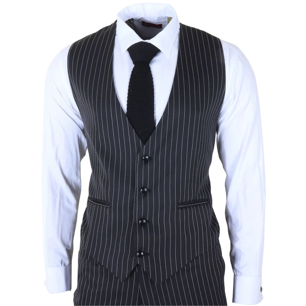 IM45 - Men's Classic Pinstripe 3 Piece Black Suit