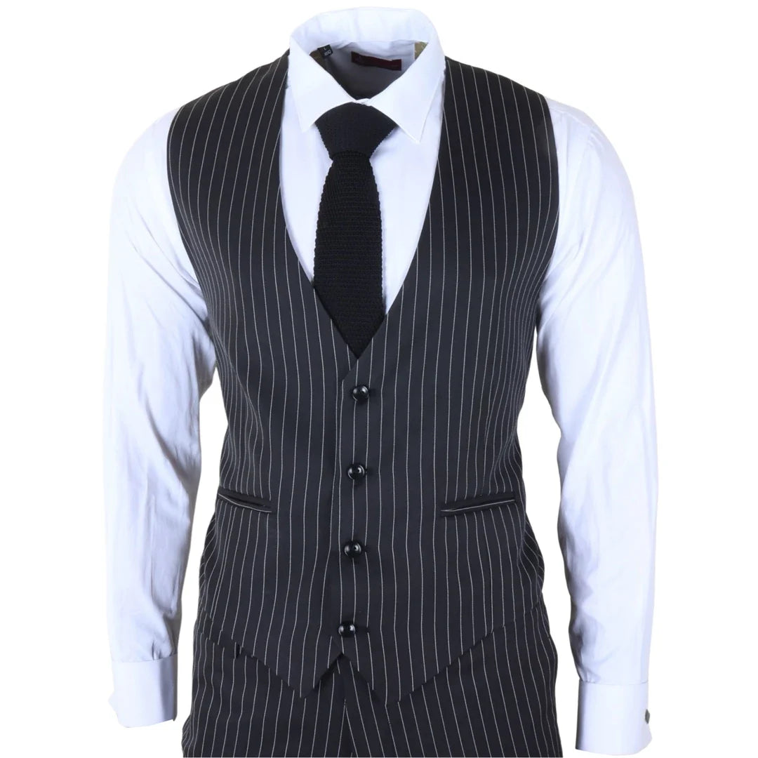 IM45 - Men's Classic Pinstripe 3 Piece Black Suit