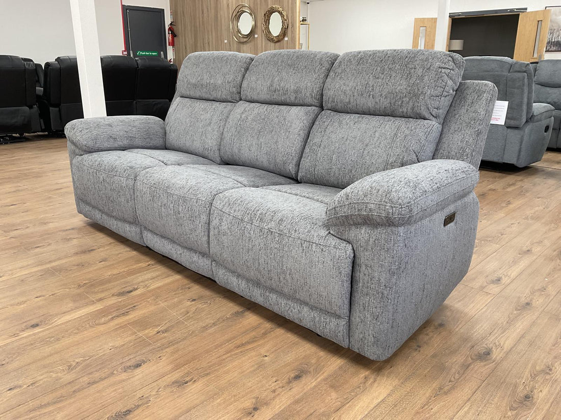 Owen 3-Seater Electric Recliner Sofa: Beige or Grey Fabric, Cupholders, Wireless Charger