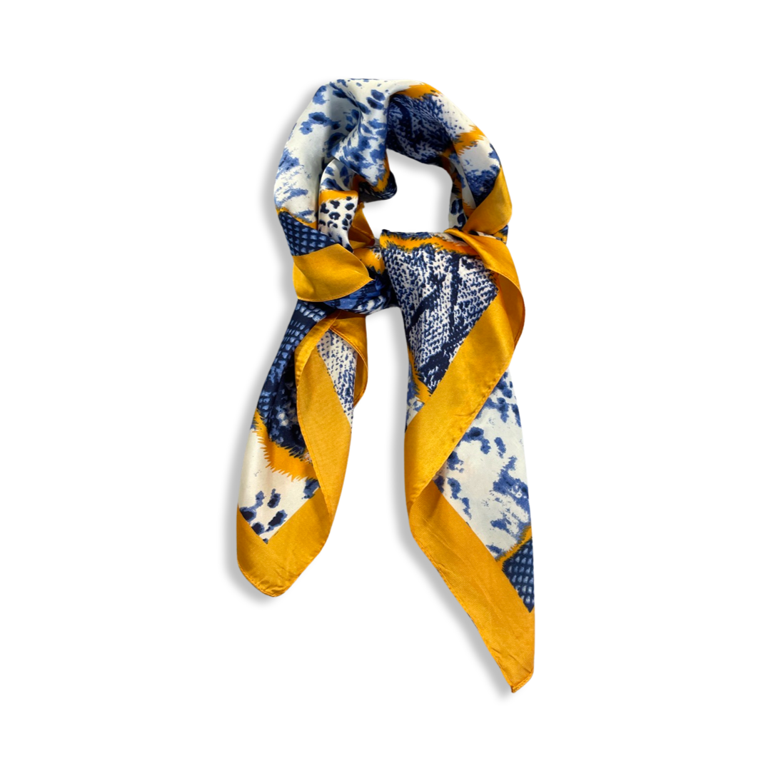 Big Square Ladies Womans Faux Silk Head Neck Thin Scarf Bag Charm - 70cm x 70cm [Navy Yellow Animal Print]]