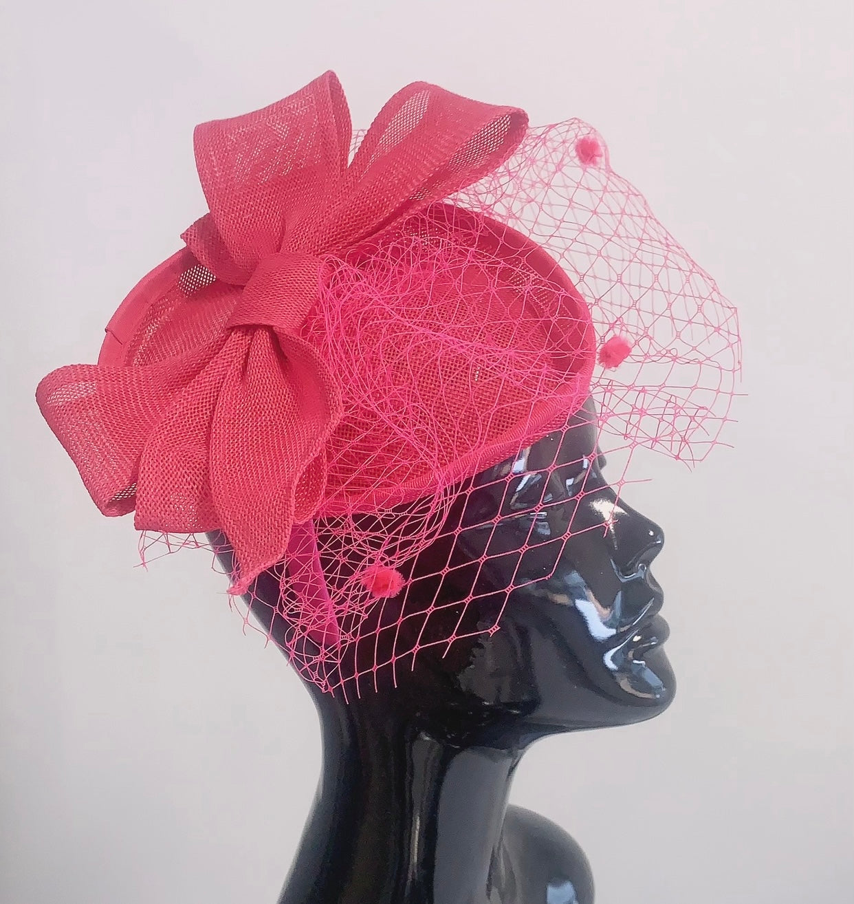 Teardrop Pointed Pillbox Base Large Bow Fascinator with Birdcage Veil on Headband - Light Blue / Pastel Blue
