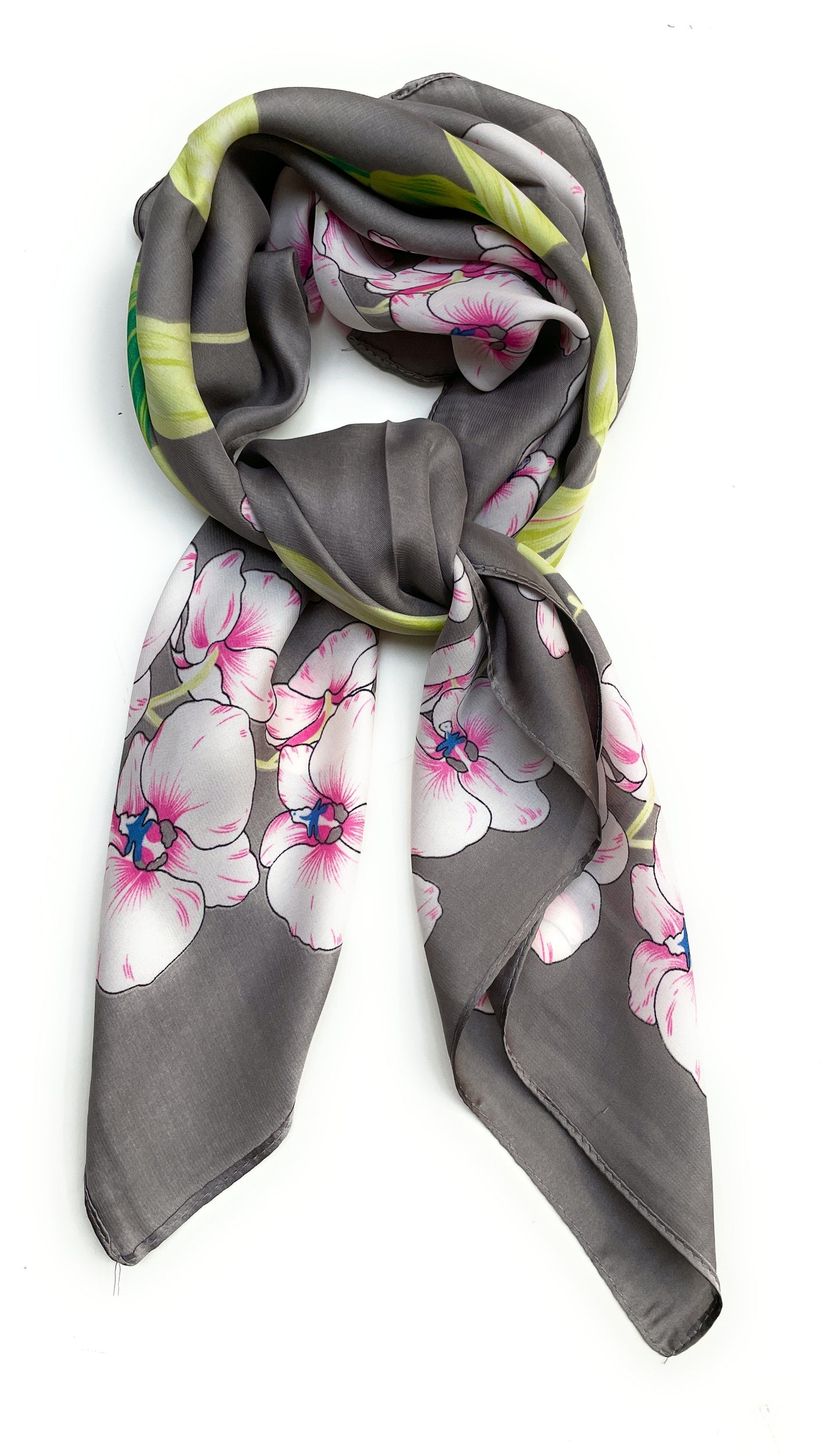 70cm x 70cm Square Scarf Grey Lime Orchid Flower Scarf Thin Faux Silk