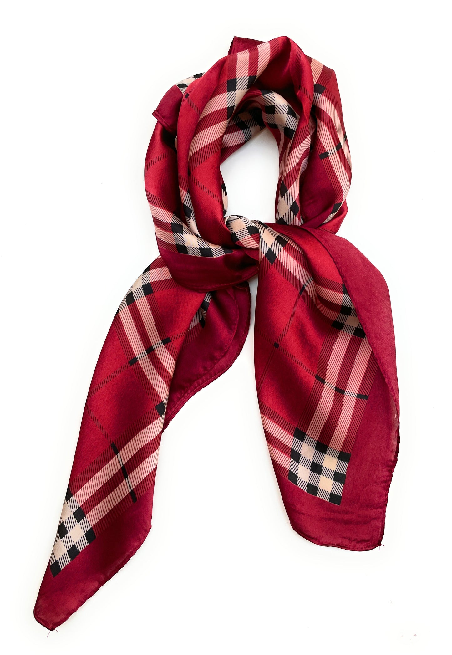 70cm x 70cm Square Scarf Red Checked Print Pattern Scarf Thin Silky Womens Summer Spring
