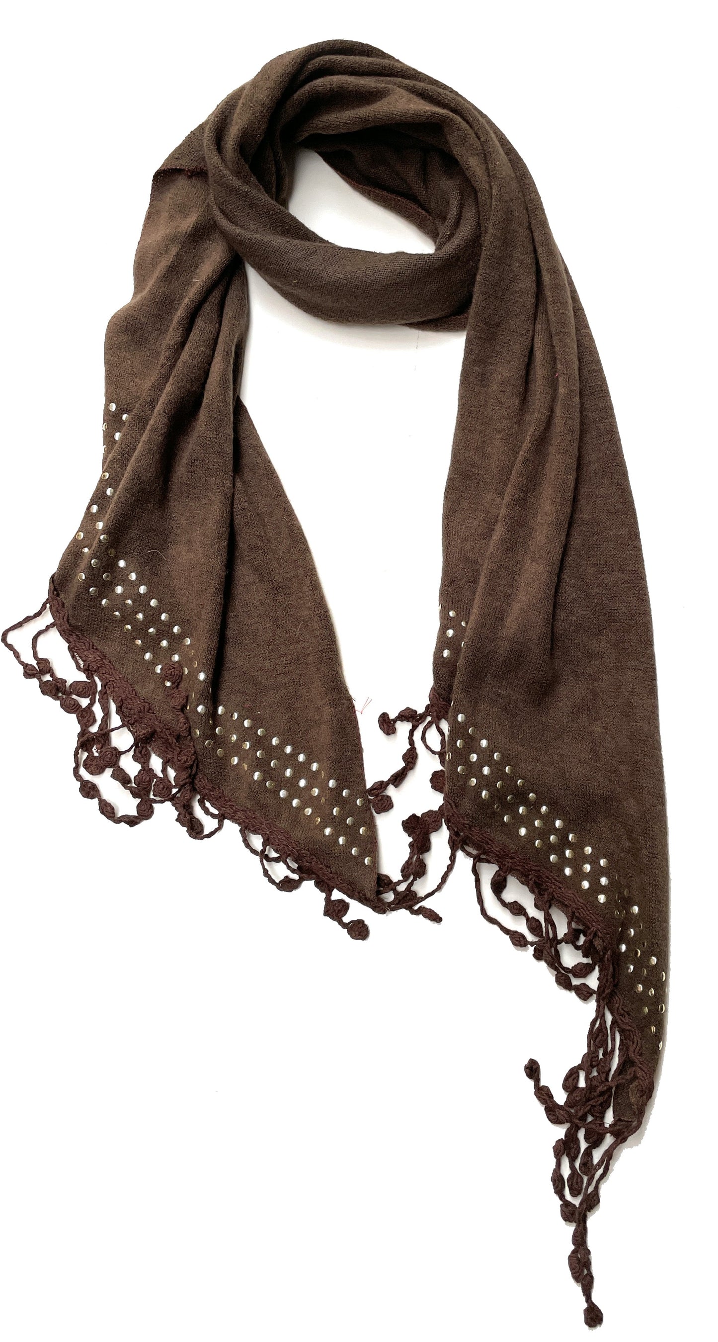 Long Brown Studded Tassel Scarf for Women