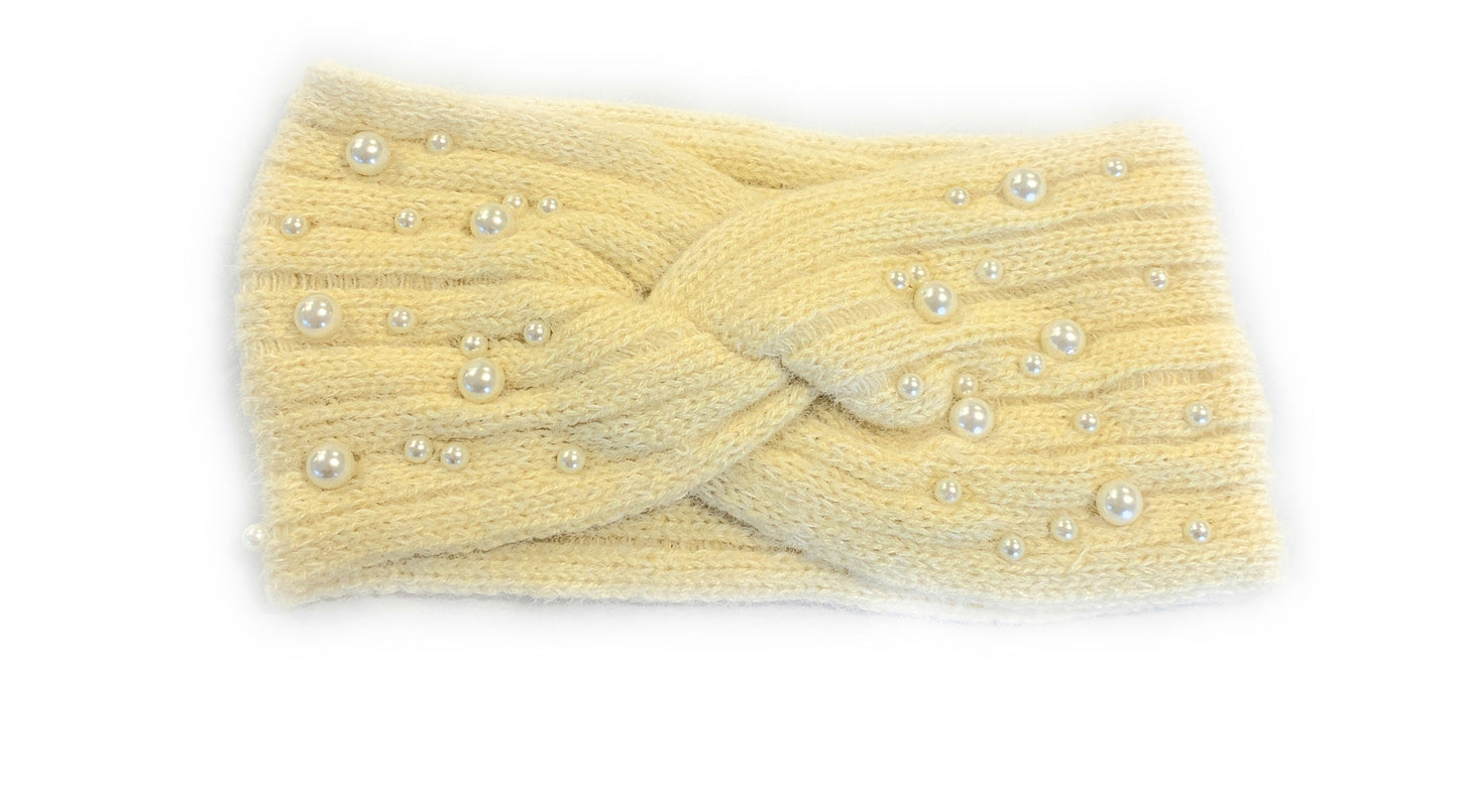 Winter Warm Headband Knit Woolly Head Ear Warmer Wrap Sweatband with Pearl Motifs - Cream