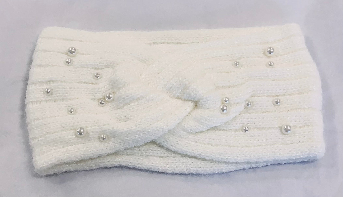 Winter Warm Headband Knit Woolly Head Ear Warmer Wrap Sweatband with Pearl Motifs - White