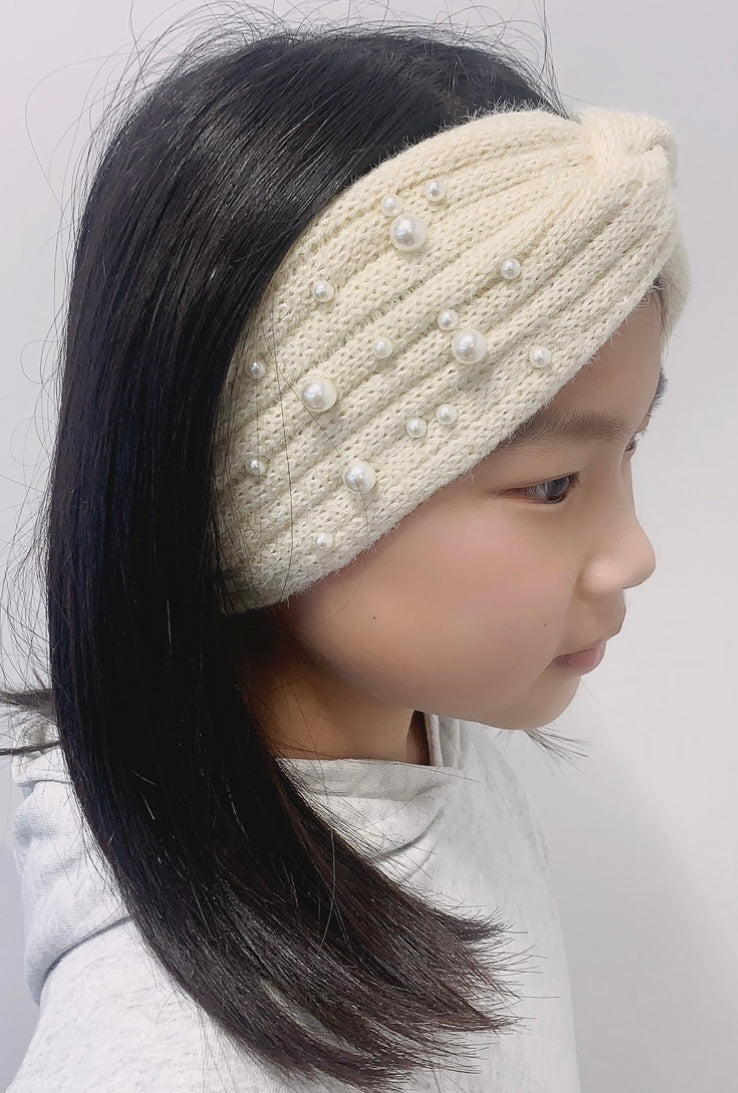 Winter Warm Headband Knit Woolly Head Ear Warmer Wrap Sweatband with Pearl Motifs - White