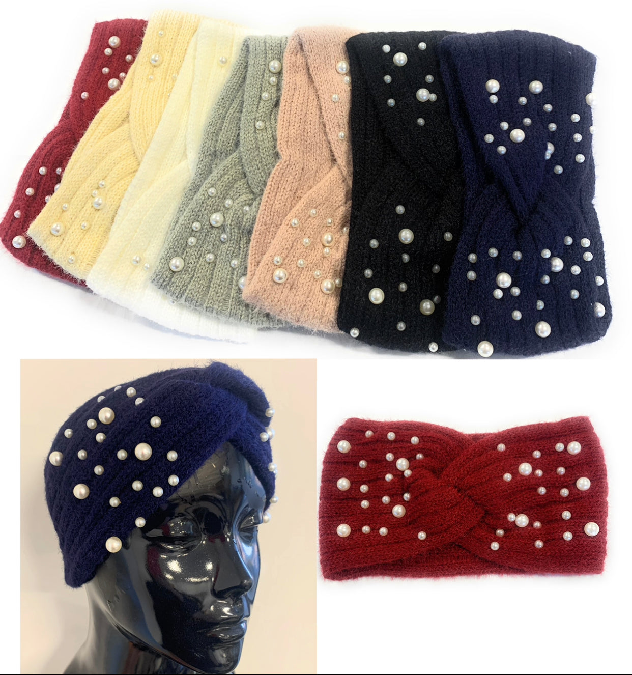 Women's Girls Winter Warm Headband Knit Woolly Head Ear Warmer Wrap Sweatband with Pearl Motifs UK