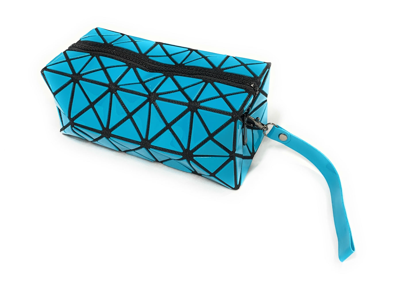 High Gloss Geometric Pencil Case Wash Bag Makeup Wrist Bag - Aqua Blue