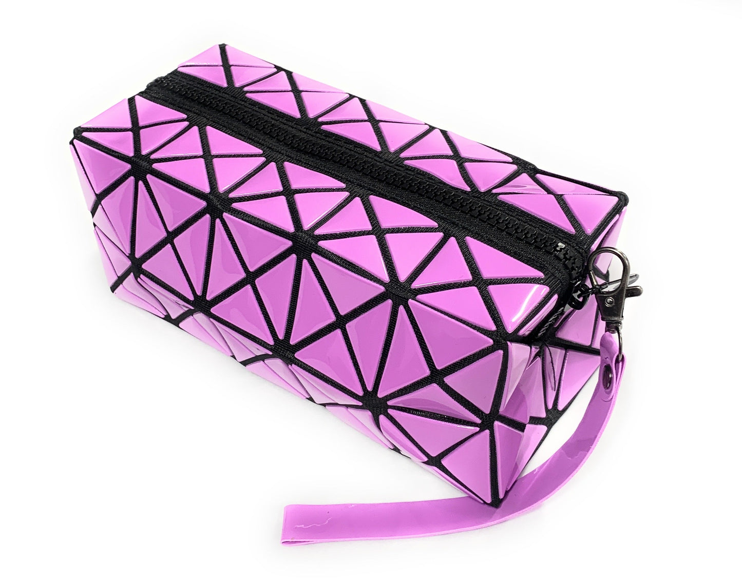 High Gloss Geometric Pencil Case Wash Bag Makeup Wrist Bag - Purple