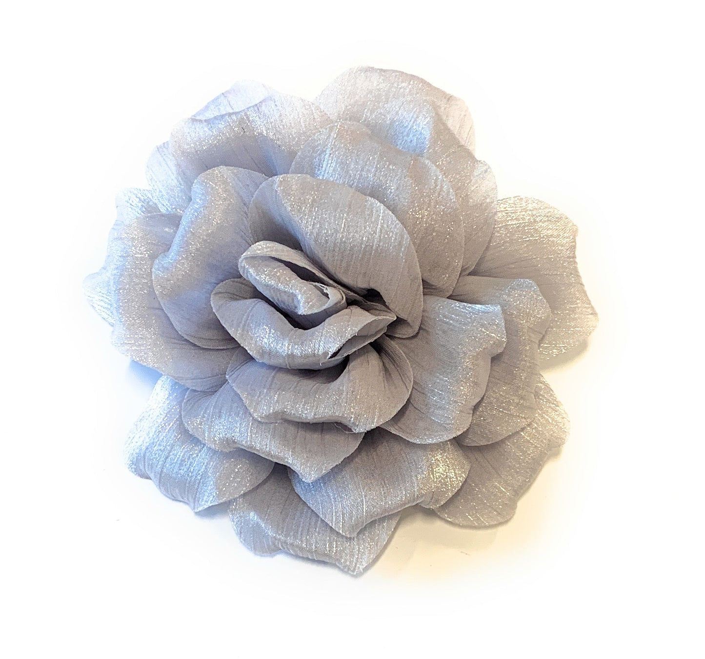 15cm Large Rose Fascinator Corsage Hair Clip and Brooch Pin, Satin Flower, Silver / Light Grey