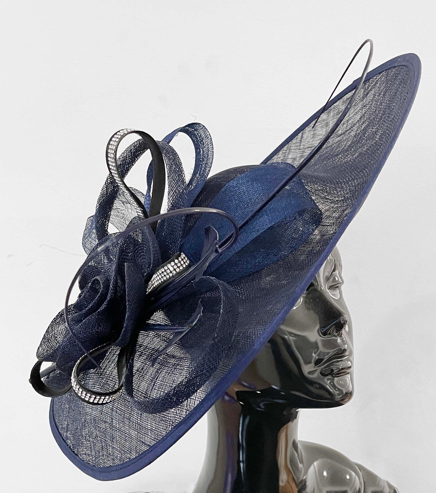 Navy and Black Diamante 41cm Large SInamay Hatinator Disc Saucer Brim Hat Fascinator on Headband