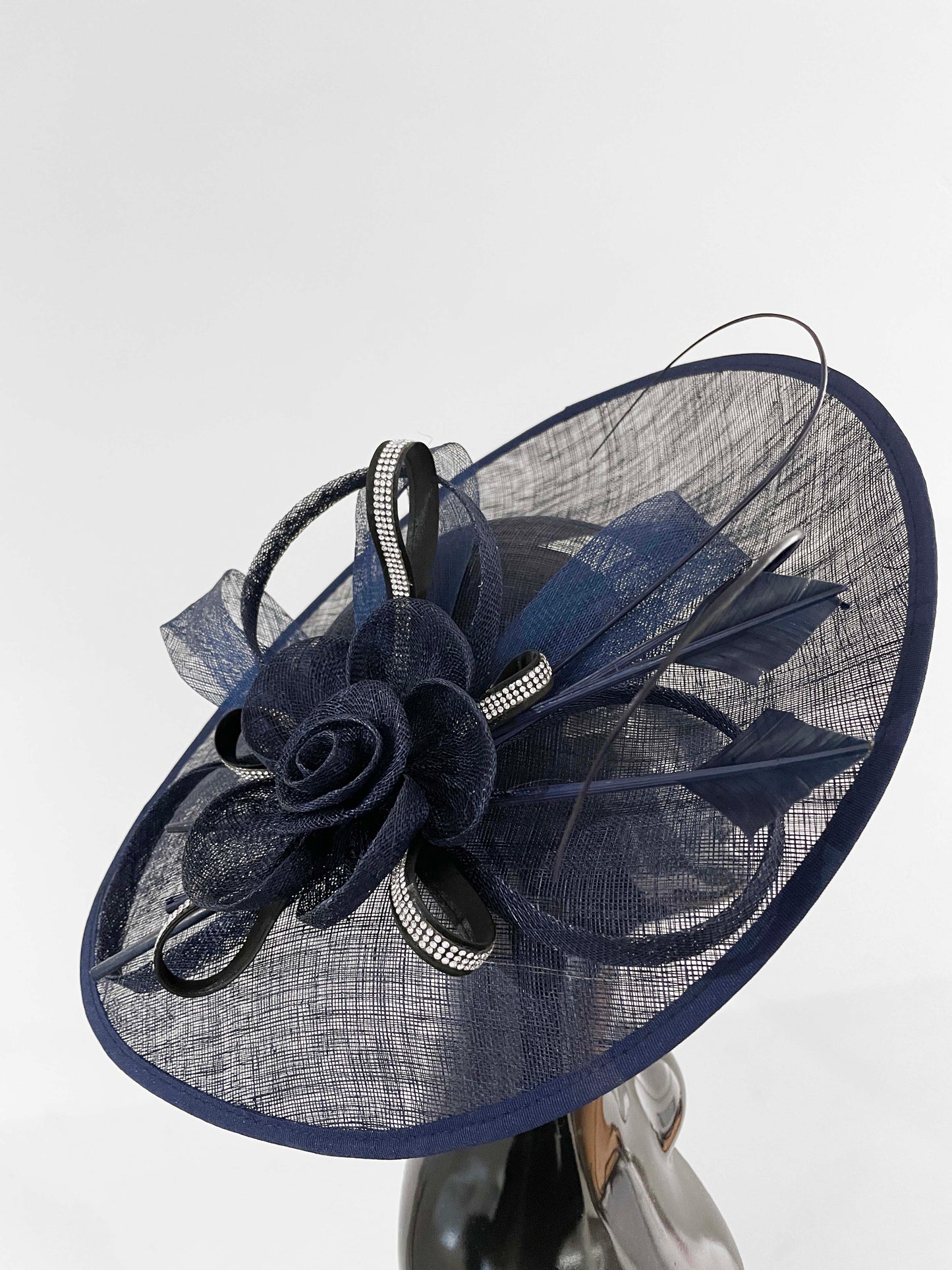 Navy and Black Diamante 41cm Large SInamay Hatinator Disc Saucer Brim Hat Fascinator on Headband