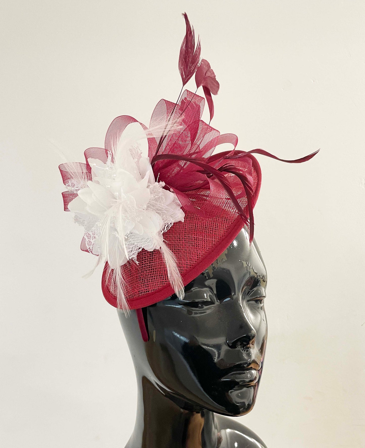 Burgundy and White flower fascinator sinamay hat