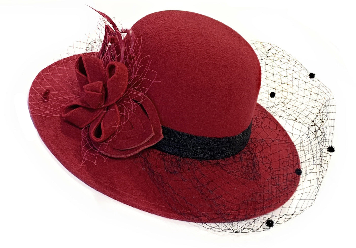Large Wool Mix Formal Brim Fedora Hat with Veil Hatinator Fascinator