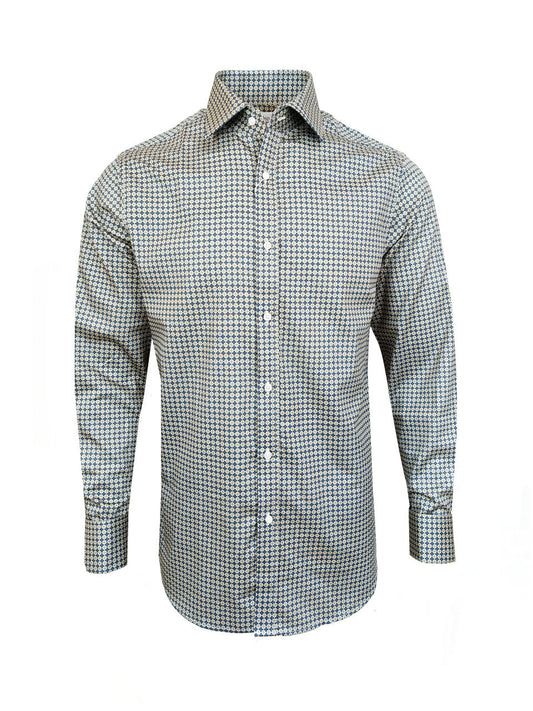 Men’s Beige & Navy Geometric Print Slim Fit Shirt – Double Cuffs, 100% Cotton